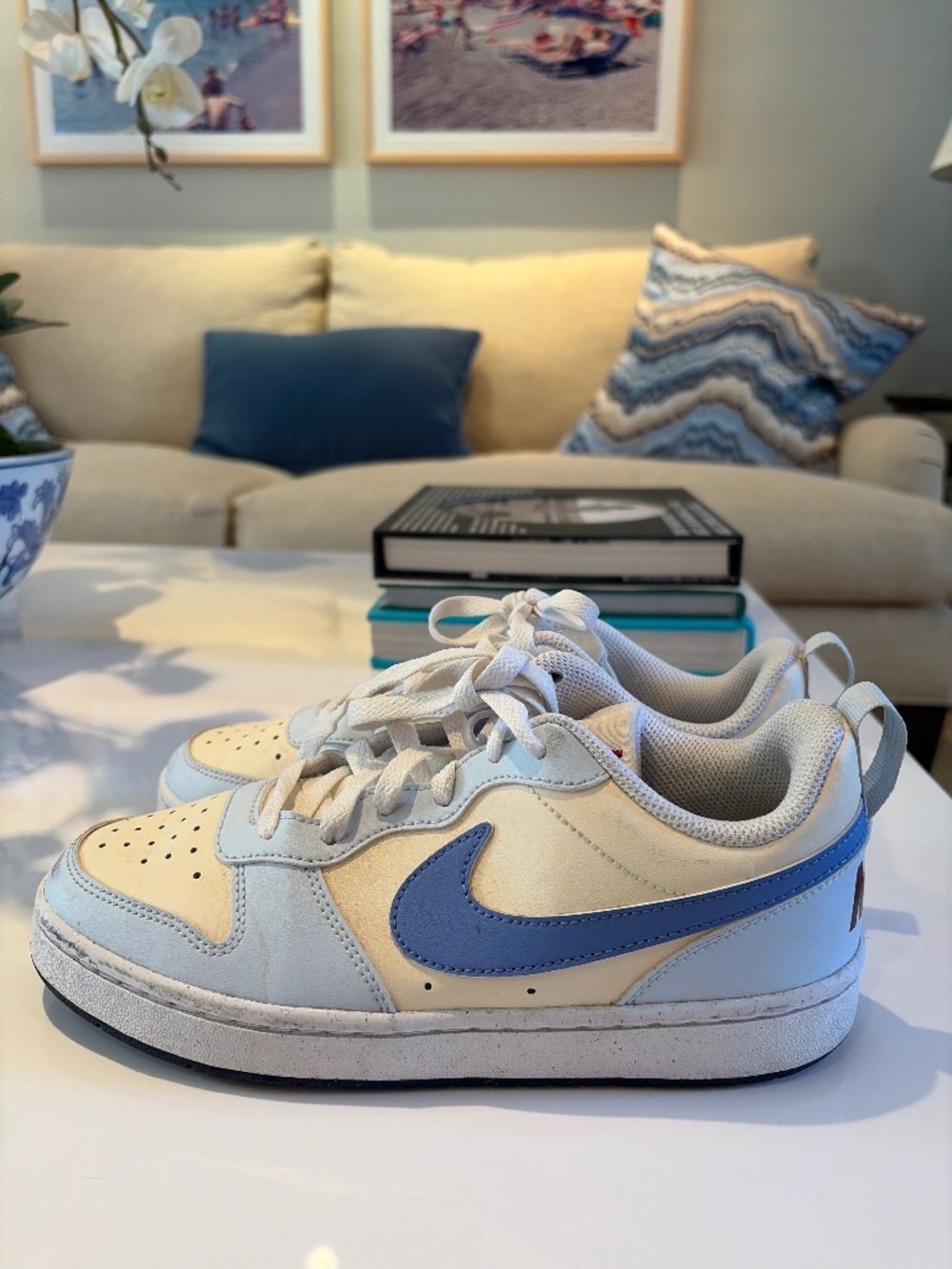 Nike Court Borough Low Recraft GS Sneakers in white with a psychic blue swoosh.